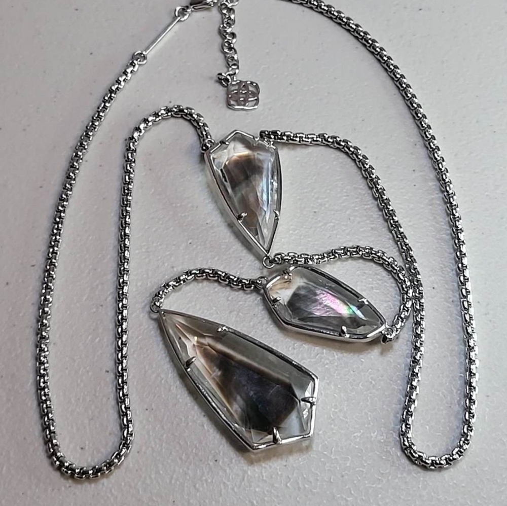 Kendra Scott Charlotte‎ Black Mother Of Pearl Silver Tone Y Necklace Rare